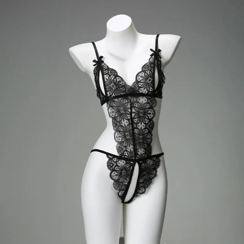 Sweet Deep V Neck Lace Bow Bodysuit Mesh Hollow Transparent Women Lingerie Jumpsuits Sleeveless Lace Sling Nightwear Gifts