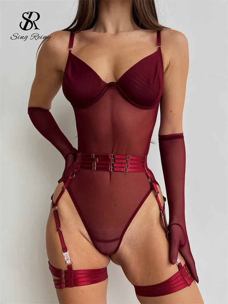 SINGREINY Sensual Sheath Solid Lingerie Rompers Fashion Oversleeve Strapless Slim Playsuits Women Sheer Mesh Sexy Bodysuits