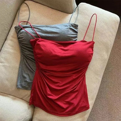 1 Pc Stylish Waist Pleated Corset - Soft support fixed chest pad sleeveless vest Sexy short top with thin straps Solid color