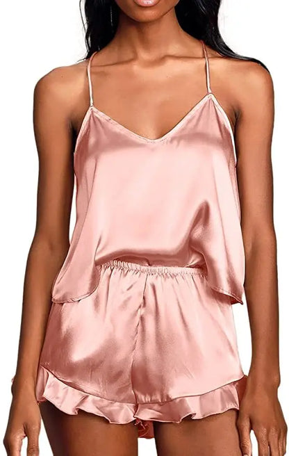 Sexy Silk Satin Pajama Set for Women – V-Neck Cami Top and Ruffled Shorts Bridal Lingerie, Perfect for Nightwear