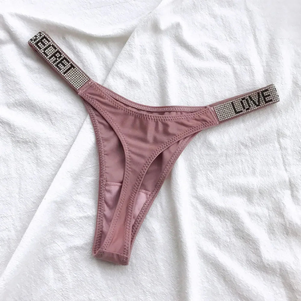Sexy Triangle Fitness Sports With Letter Low Rise Briefs Sexy T-Back G-string Women Panties Rhinestone Thong