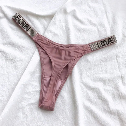 Sexy Triangle Fitness Sports With Letter Low Rise Briefs Sexy T-Back G-string Women Panties Rhinestone Thong