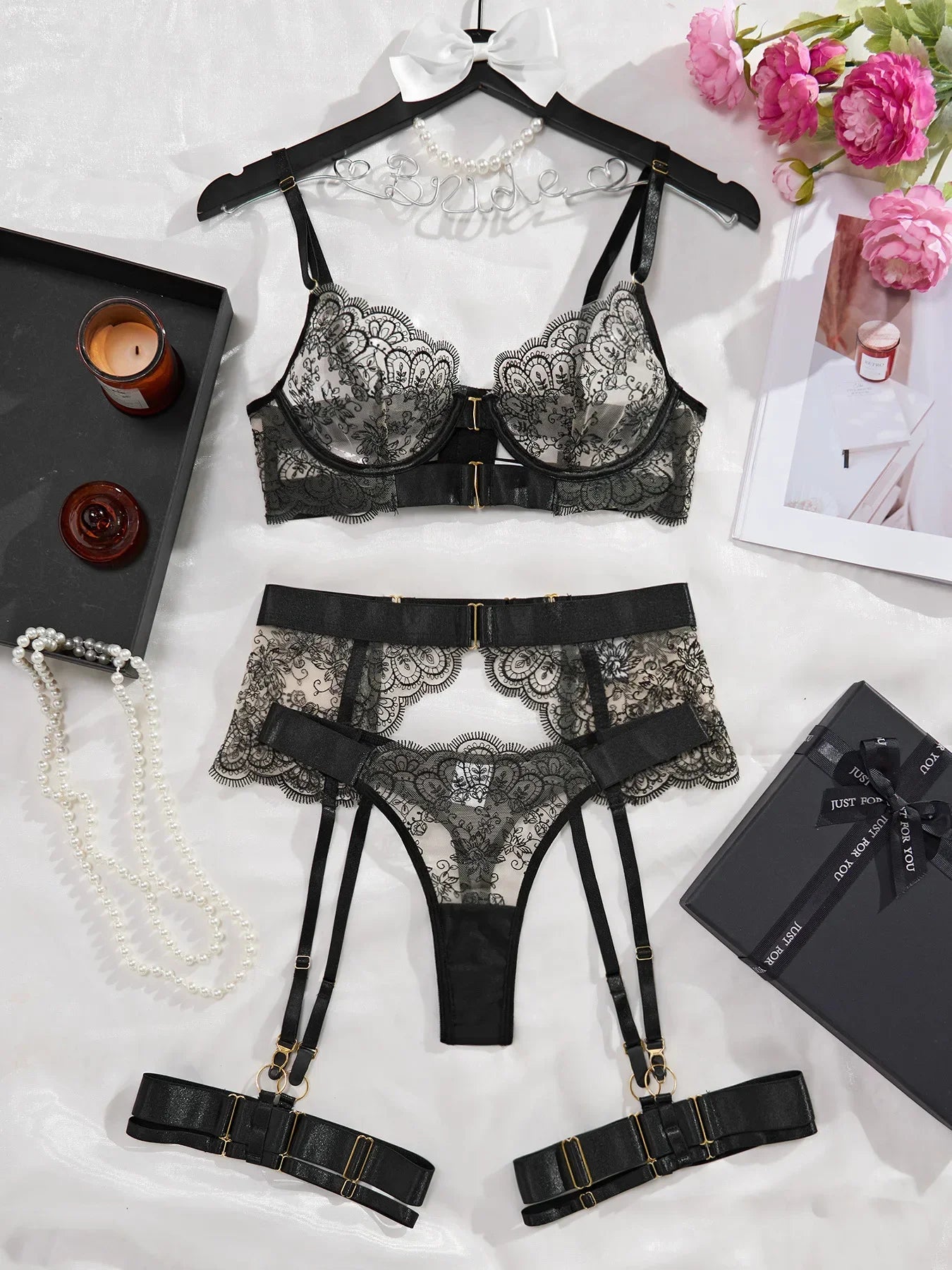 Women Sexy Lingerie Lace Bra and Brief with Garter and Leg Ring Set Underwear Romantic Hot Bilizna See Through Outfits