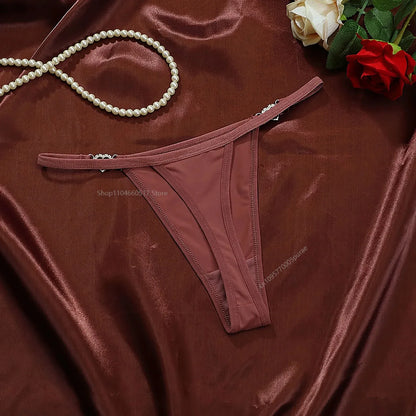 Women Sexy Solid Thong Underwear Stretch Comfort Low Rise Heart Rhinestone Link Panties Ladies Sexy Costume Lingerie for Women