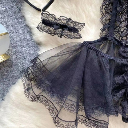 Lolita Strap Bodysuit With Cross Lace Up Hollow Patchwork Playsuit Double-Layer Sheer Mesh Sweet Women's Pajamas Sexy Lingerie