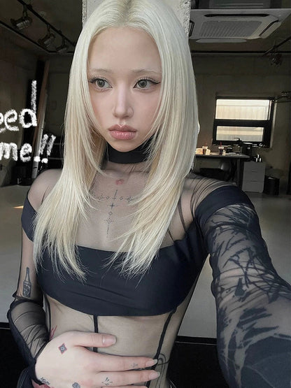 Sisterlinda See Through Sexy Bodysuit Women Coquette Wild Mesh Hipster Patchwork Full Sleeve Midnight Stretch Street Clubwear