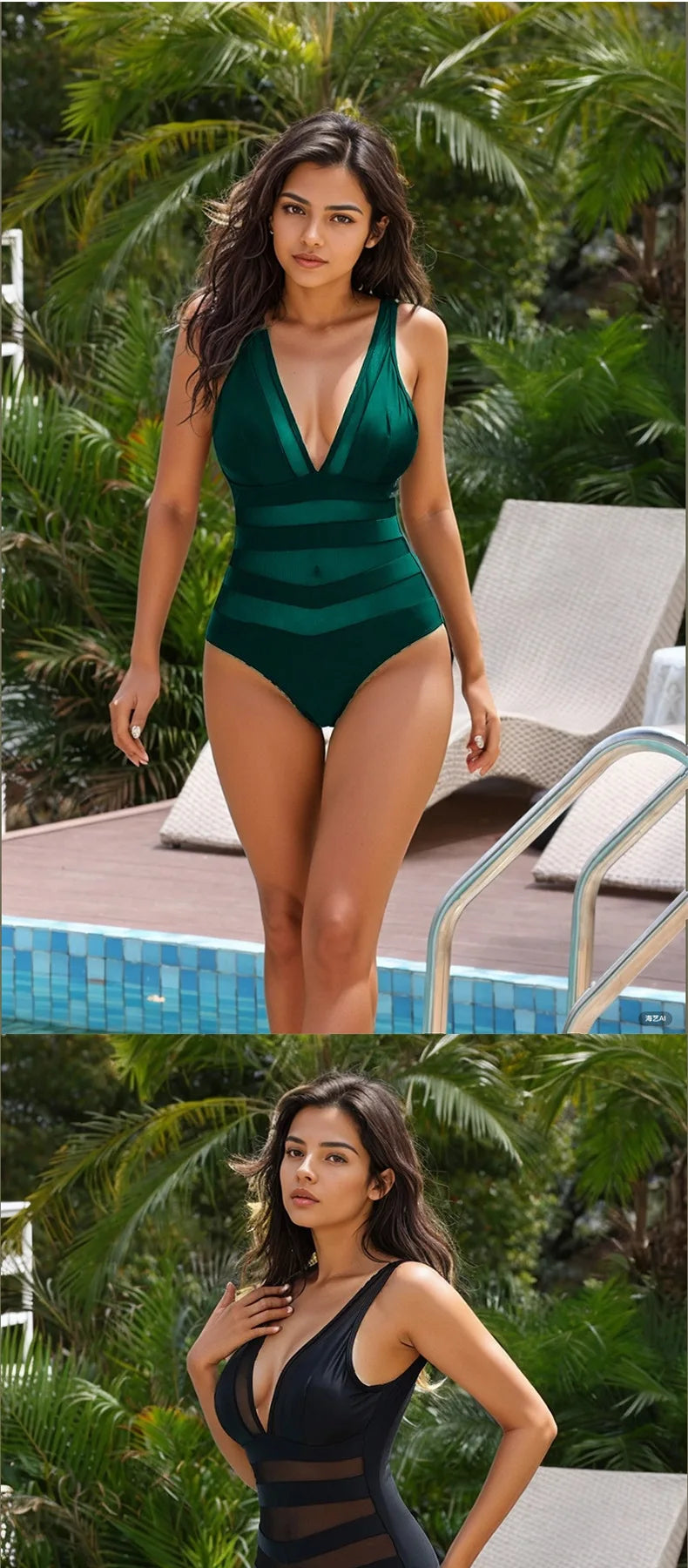 Sexy V-Neck One-Piece Swimsuit Quick-Dry with Chest Pad No Steel Support Triangle Monokini Swimwear for Women Adult Pure Color