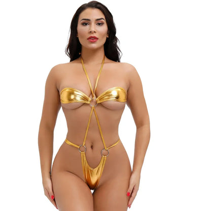 Women Swimwear Mini Bikini Bathing Suit Halter Lingerie Set Women's G String Thong PU Leather Underwear Erotic Tiny Swimwear