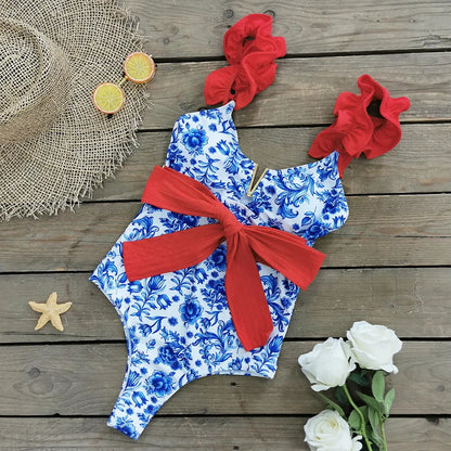 2025 New Sexy V-Neck One Piece Swimsuit Belt Swimwear Women Ruffle Monokini Push Up Swim Suit Colorful Bathing Suit Female Beach