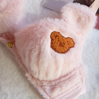 Cute Bear Underwear Winter Plush Cartoon Comfortable Bra & Brief Sets Women's Intimates Thermal Bra Gathers Sleepwear Lingerie