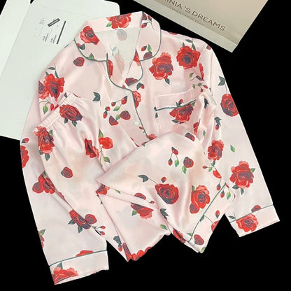 European Style Elegant Classy Fashion Trendy Female Lounges Aesthetics Print Spring Autumn Sleepwear for Women Y2k Sweet Pajamas