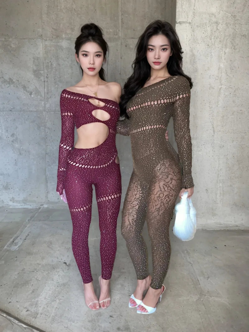 Hot Stamping Bodystocking Lingerie Sparkling crystal Jumpsuit Mesh Body Suits For Women Romper Jumpsuits Mesh Lace Sheer A4HM