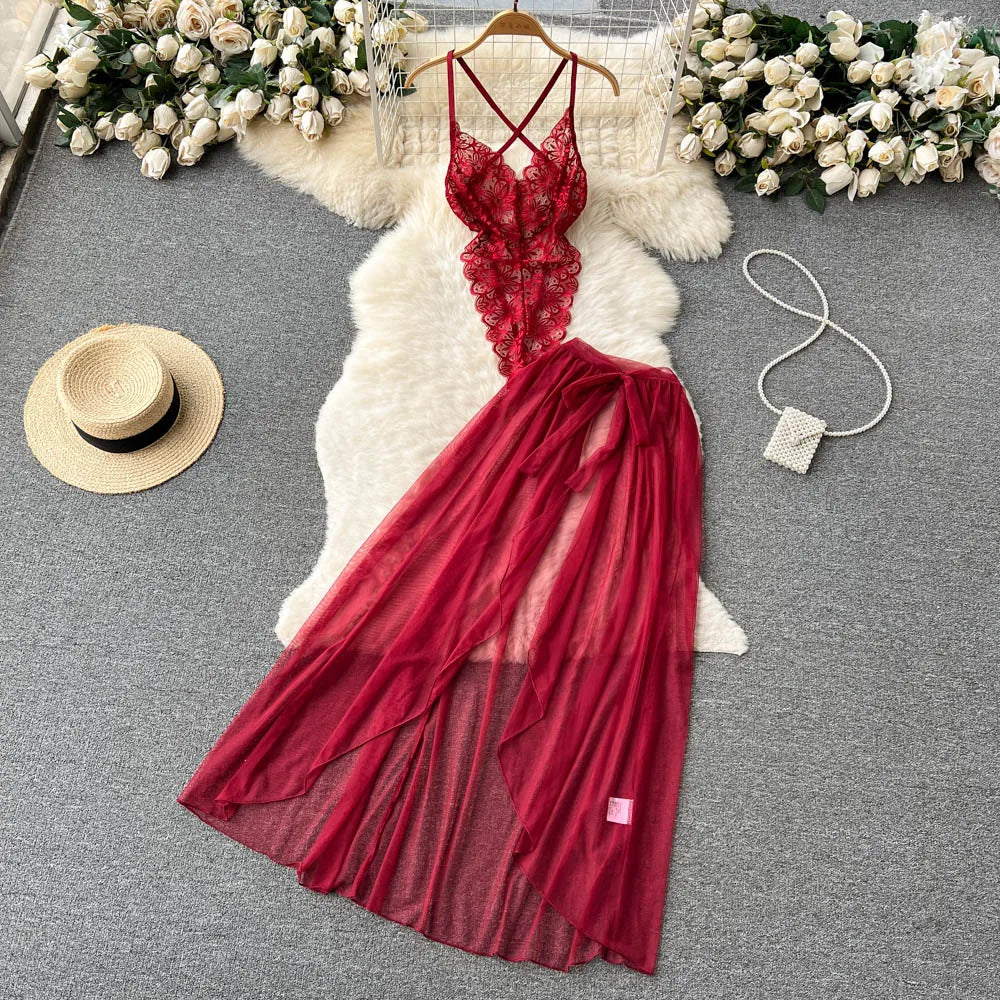 SINGREINY Lace Sensual Erotic Two Pieces Suits Camis Short Bodysuits Tops+Midi Long Mesh Chiffon Skirts Women Underwear Sets