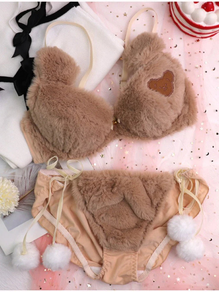 Cute Bear Underwear Winter Plush Cartoon Comfortable Bra & Brief Sets Women's Intimates Thermal Bra Gathers Sleepwear Lingerie