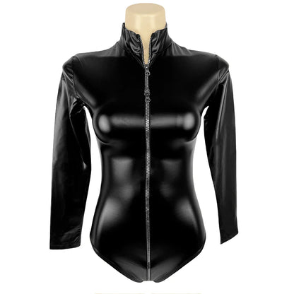Oil Faux Latex Catsuit Elastic PU Leather Zipper Open Crotch Long Sleeve Bodysuit Tights Cosplay Clubwear Body Teddies Swimsuit