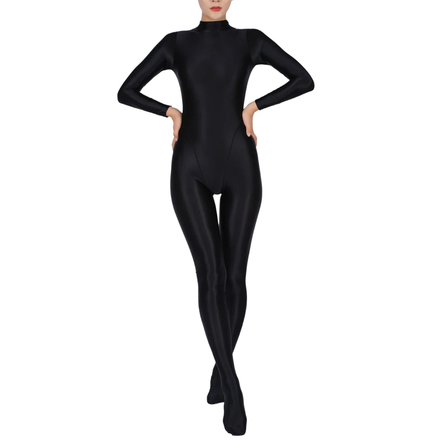 Womens Glossy Full Body Jumpsuit See Through Sheer Catsuits Bodystockings Long Sleeve Footed One Piece Gym Yoga Tights Bodysuit
