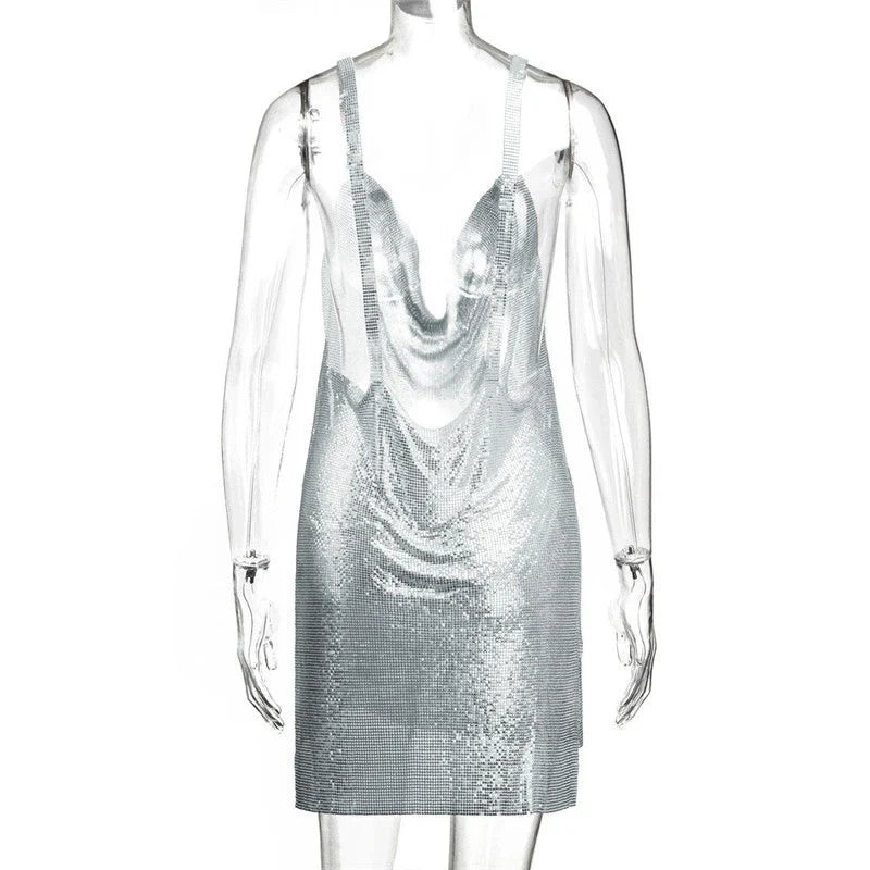Women's 90s Rave Glitter V-Neck Lace-Up Sequin Mini Dress Y2K Clubwear Sexy Backless Bodycon with Metal Detail for Party