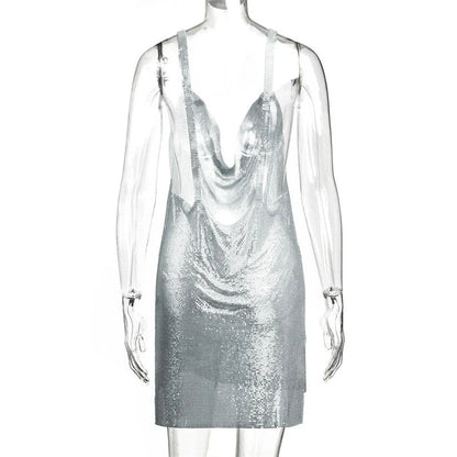 Women's 90s Rave Glitter V-Neck Lace-Up Sequin Mini Dress Y2K Clubwear Sexy Backless Bodycon with Metal Detail for Party