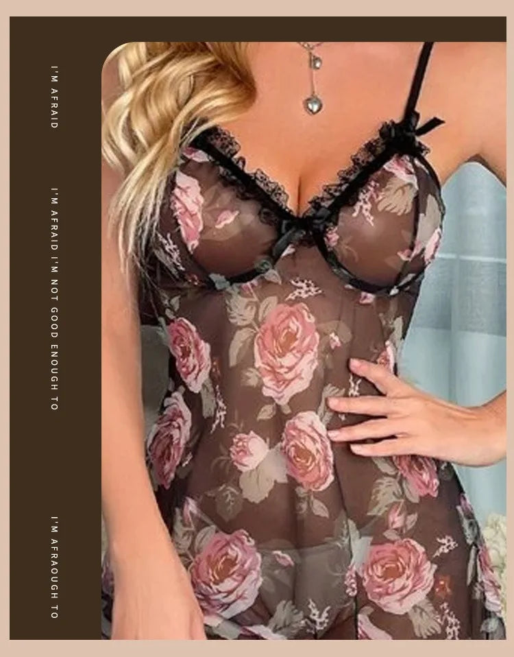 Women Floral Lace Chiffon Chemise Adjustable Straps Sleepwear Set Romantic Gift Sheer Nightwear Valentines Babydoll Black Trim U