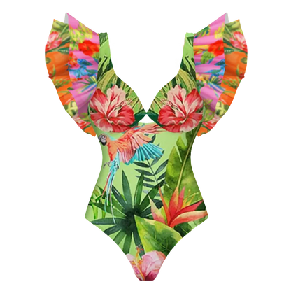2025 New Sexy V-Neck One Piece Swimsuit Belt Swimwear Women Ruffle Monokini Push Up Swim Suit Colorful Bathing Suit Female Beach