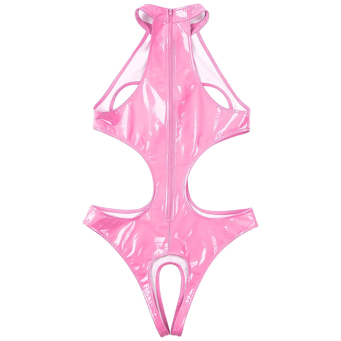 Womens Wet Look Faux Leather Hollow Out Open Breast Leotard Bodysuit Halter Neck Crotchless Jumpsuit Lingerie Teddy Nightwear