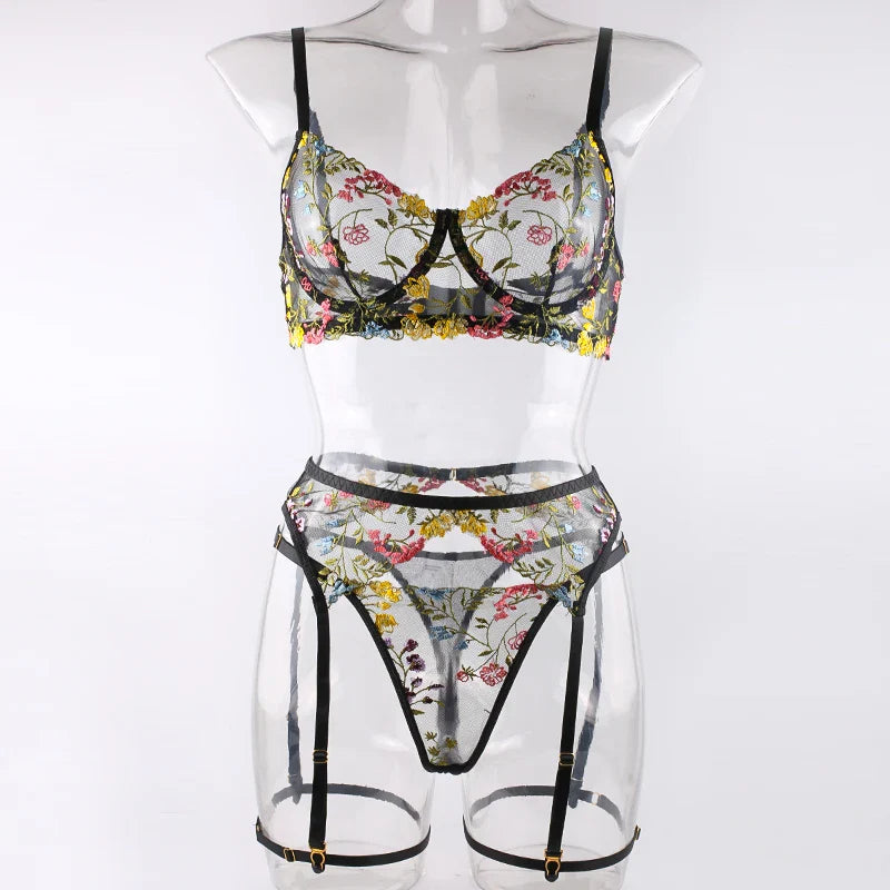 Sexy Women's Lace Lingerie 3Pcs Sets Fancy Flowers Embroidery Transparent Bras And Thongs Underwear Set Erotic Intimate Suits ﻿