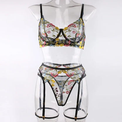 Sexy Women's Lace Lingerie 3Pcs Sets Fancy Flowers Embroidery Transparent Bras And Thongs Underwear Set Erotic Intimate Suits ﻿