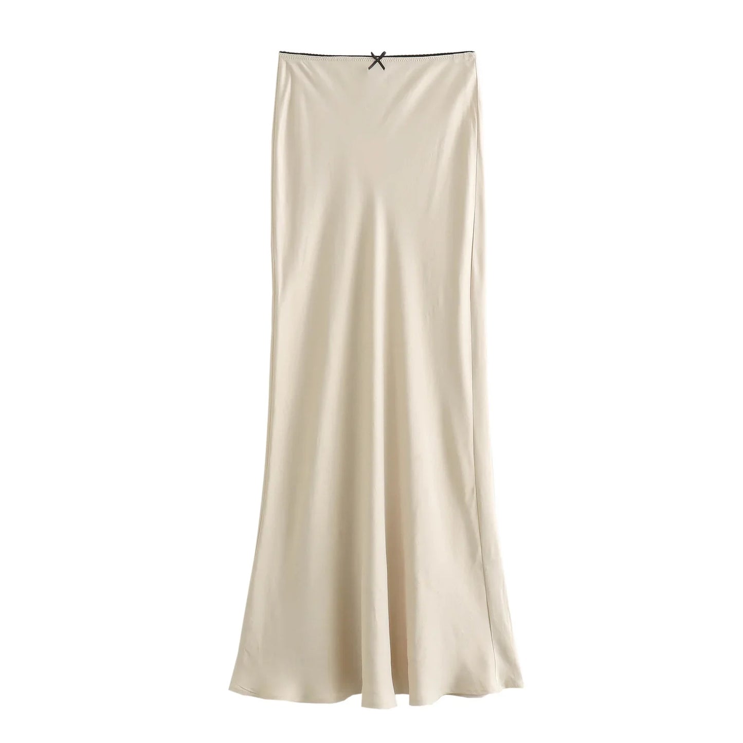 2024 Spring Women's Satin Bow-Decorated High-Waist A-Line Long Skirt - Vintage Chic Fashion