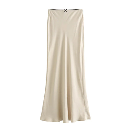 2024 Spring Women's Satin Bow-Decorated High-Waist A-Line Long Skirt - Vintage Chic Fashion
