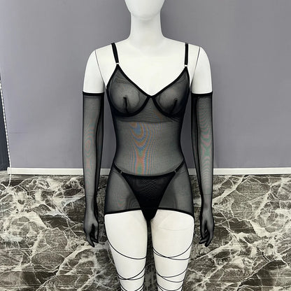 Yimunancy Sheer Mesh Lingerie Set Women 4-Piece Backless Sexy Dress Sexy Erotic Solid Brief Underwer Set Nightwear