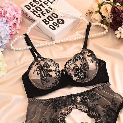 SINGREINY Female Sheer Gauze Lingerie Set Sexy Transparent Embroidery Bra&Brief Sets Ladies Hollow Out Erotic Underwear Suits