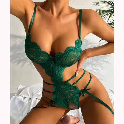 Hot Lace Bodysuit Babydoll Pajamas Set Garter Deep V Open Bra Crotchless Women's See-Through Corset Sex Lingerie Exotic Apparel