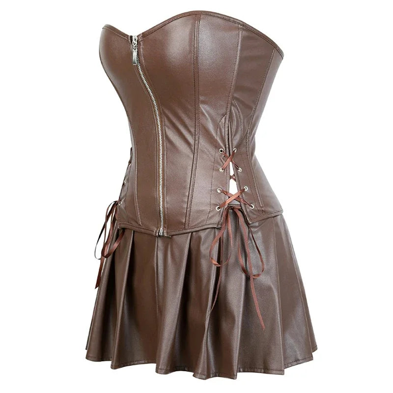 Faux Leather Corset Top Women Leather Corset Dresses Zipper Gothic PU Leather Corset Sexy Ladies Eyelet Up Pleated Dress Corsets