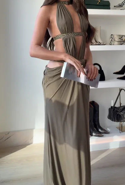 Women Sexy Hollow Out Sequin Halter Maxi Dresses Fashion Pleated Backless Sleeveless Slim Dress Chic New Lady Evening Party Gown