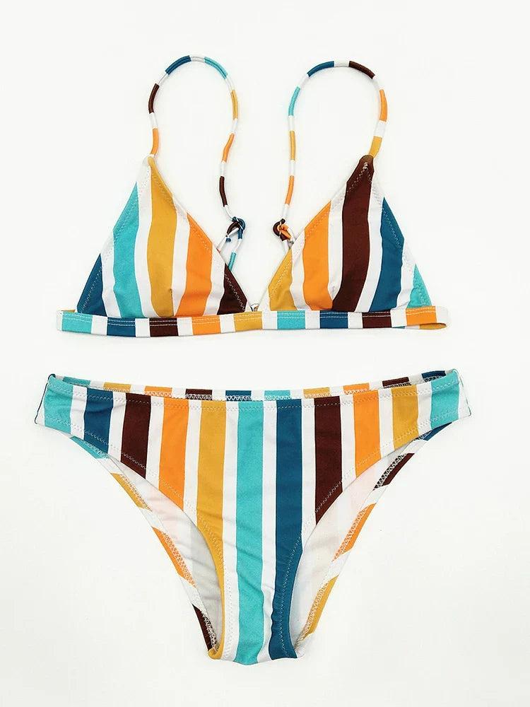 Circyy Bikini Set Women Rainbow Striped Halter Split Swimsuit Two-piece Sexy Thongs Summer 2025 New Holiday Beach Bathing Suit