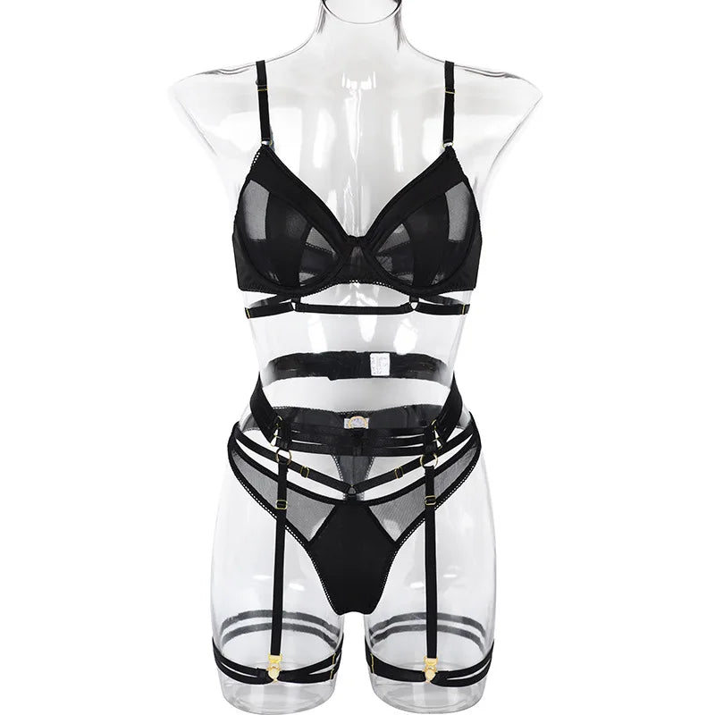 Yimunancy 3-Piece Black Bra Set Women Patchwork See Through Mesh Lingerie Set Ladies Sexy Panty Underwear Set