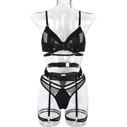 Yimunancy 3-Piece Black Bra Set Women Patchwork See Through Mesh Lingerie Set Ladies Sexy Panty Underwear Set