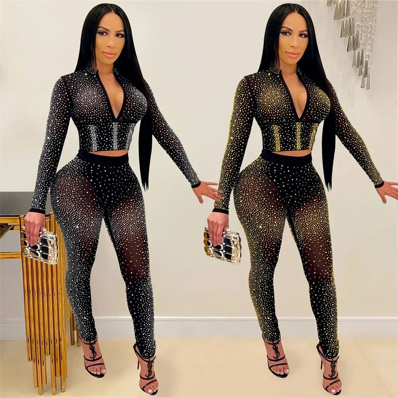 Doyerl Glitter Rhinestones Sexy Club Outfits Woman 2 Piece Set Mesh See Through Long Sleeve Cropped Top and Pants Suit Birthday