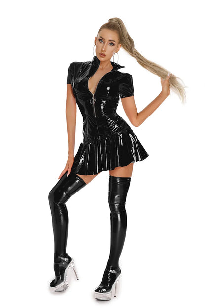 Sexy Glossy Leather Short Sleeves Dress Lady Erotic Shaping Pleated Short Dress Zipper Porn Breast Exposing Latex Mini Dress