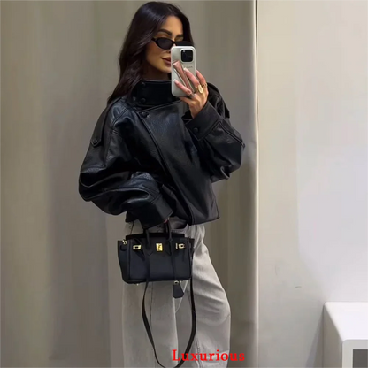 KONDALA Casual Chic Black Leather Jackets Women Long Sleeve Buttons Elastic Oversized Coats Fashion 2025 Fall Streetwear Coats