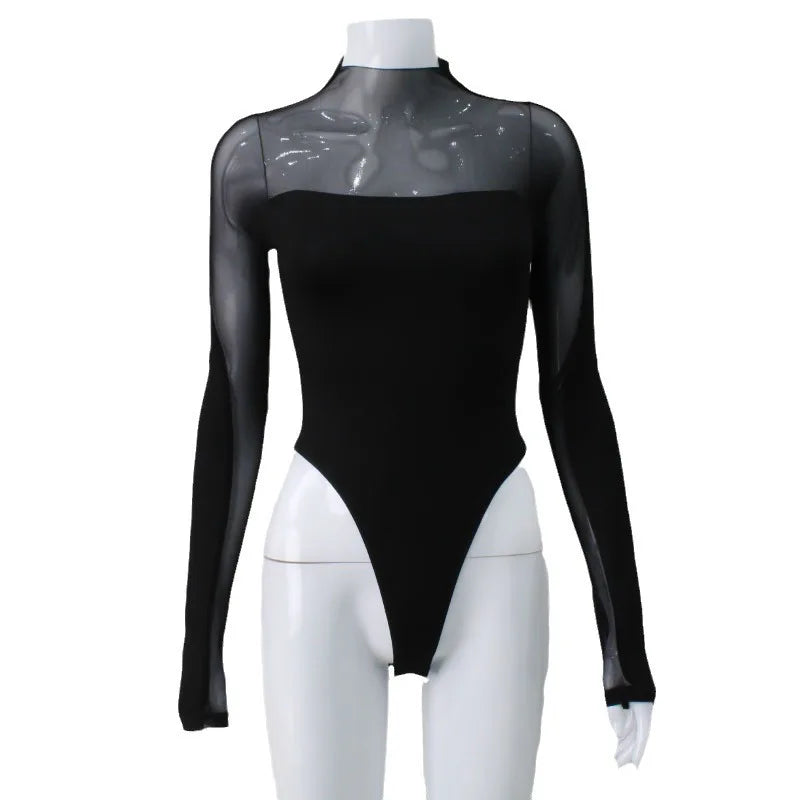 2025 Patchwork See Through Mesh Bodysuit Women's Sexy Long Sleeve Turtleneck Jumpsuit Chic Elegant High Waist Tops Bodysuits