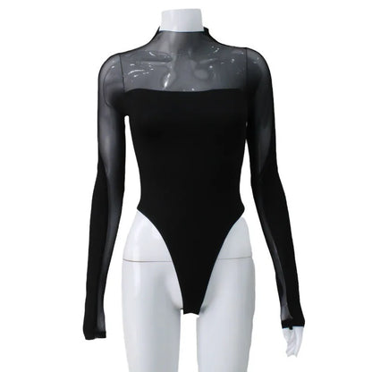2025 Patchwork See Through Mesh Bodysuit Women's Sexy Long Sleeve Turtleneck Jumpsuit Chic Elegant High Waist Tops Bodysuits