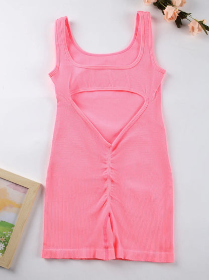 1PCS Backless Yoga Suit U Neck Sleeveless Sports Jumpsuit Solid Colour Threaded Stretch Women Bodysuit Without Bust Pads