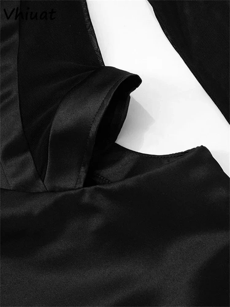 Vhiuat Sexy Cut Out Mesh Patchwork Turtleneck Long Sleeve Wrap Short Dress 2024 Party Evening Elegant Party Birthday Mini Dress