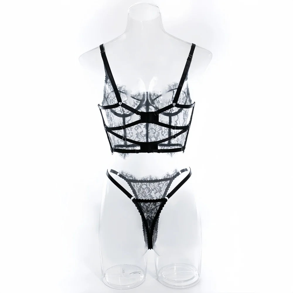Krasapt Sexy Black Lace Lingerie Two Piece Sets Fancy Lace Underwear Erotiic Bras And Panties Transparent Attractive Bilizna Set