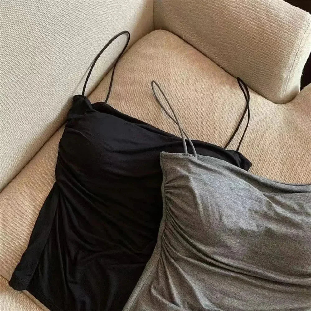 1 Pc Stylish Waist Pleated Corset - Soft support fixed chest pad sleeveless vest Sexy short top with thin straps Solid color