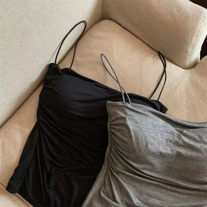 1 Pc Stylish Waist Pleated Corset - Soft support fixed chest pad sleeveless vest Sexy short top with thin straps Solid color
