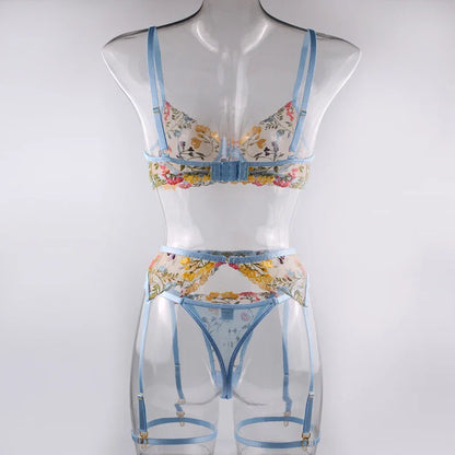 Sexy Women's Lace Lingerie 3Pcs Sets Fancy Flowers Embroidery Transparent Bras And Thongs Underwear Set Erotic Intimate Suits ﻿