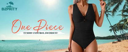B2prity Women's One Piece Swimsuits Tummy Control Front Cross Bathing Suits Tie Back Slimming V Neck Swimwear
