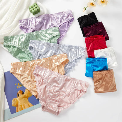 Ladies Frill Trim Satin Ice Silk Seamless No Show Underwear Invisible Briefs Plus Size Women's Panties S/M/L/XL